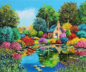 Jardín con estanque de flores Pinturas al óleo